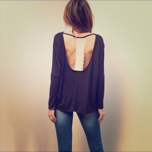 Open back long sleeve tee with ivory lace detail - Picture 1 of 3
